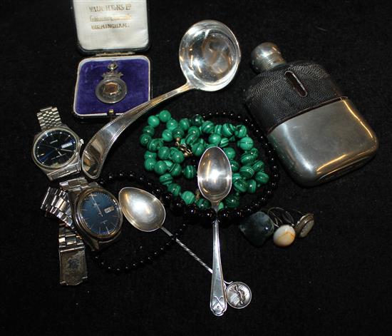 Silver ladle, 2 watches, hip flask, spoons etc